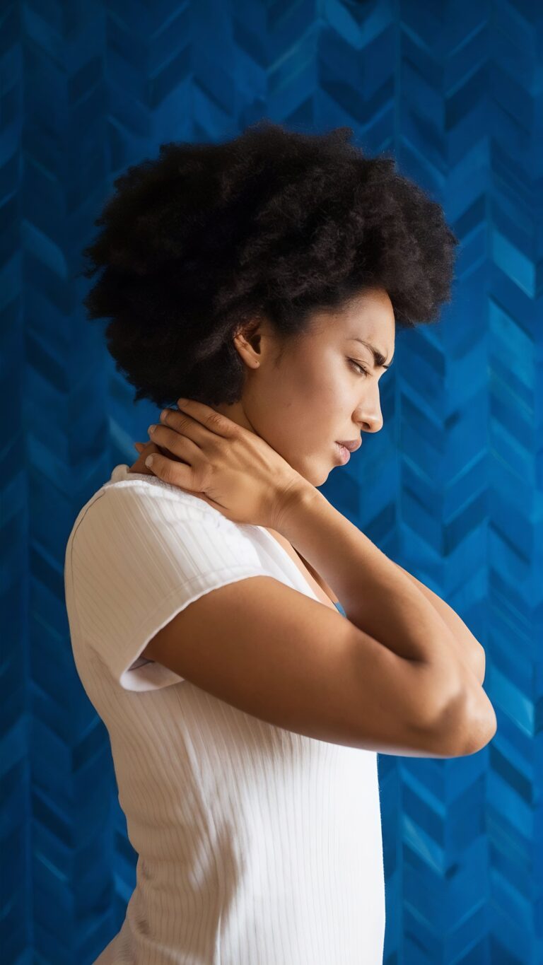 side-view-woman-suffering-from-neck-pain-against-blue-wallpaper